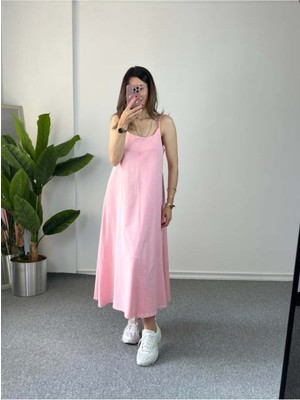 Nils Fashion Ip Askılı Asit  Yıkamalı Pembe Elbise