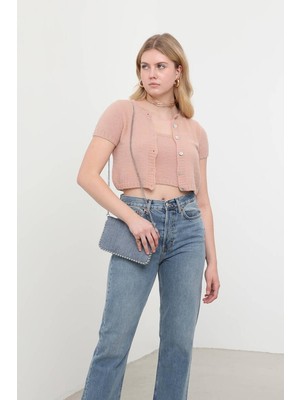 Peluş Hırkalı Crop Top Camel