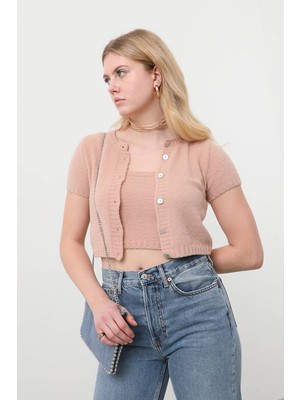 Peluş Hırkalı Crop Top Camel