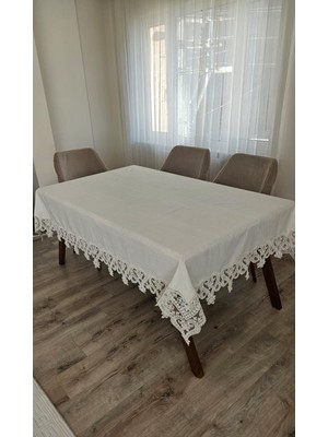 Zesa Home Gardenya Keten Dertsiz Kalp Desenli Ağır Güpürlü Krem Masa ÖRTÜSÜ-160X160...160X500