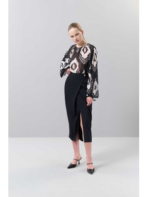 ROMAN Gold Düğmeli Önden Yırtmaçlı Midi Etek Siyah K2515011_001