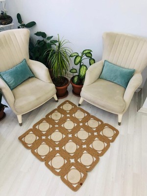 BDZ Deri Jüt Hasır Görünümlü Desenli Modern El Örgüsü Dikdörtgen Halı Kilim