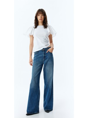 Koton Kabarık Balon Kol Tişört Fırfırlı Bisiklet Yaka Pamuklu