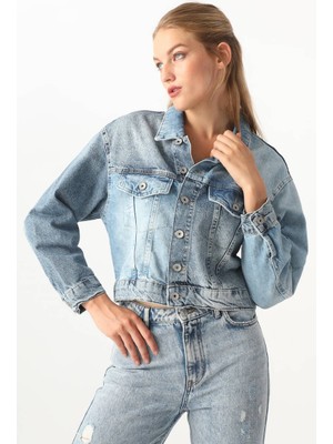 Banny Jeans Kadın Renk Bloklu Jean Ceket Mavi