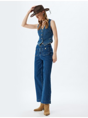 Koton Yüksek Bel Kot Pantolon Geniş Kısa Paça Düğmeli Cep Detaylı Culotte Jean