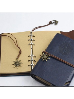 Sarego Bağcıklı Deri Ciltli Defter El Yapımı Spiralli Denizci Pusula Logo Çizgisiz Vintage Yaprak Gezgin Günlük Not Anı Hatıra Defteri