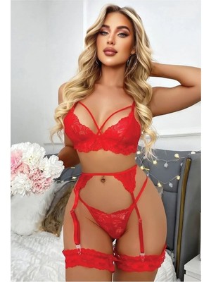 Sialess Lingerie Kadın Kırmızı Bacak Bantlı Jartiyer Çeyiz Gecelik - J-3110