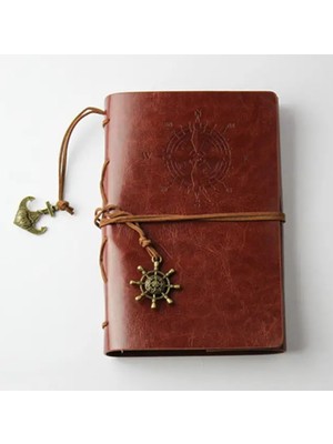 Sarego Bağcıklı Deri Ciltli Defter El Yapımı Spiralli Denizci Pusula Logo Çizgisiz Vintage Yaprak Gezgin Günlük Not Anı Hatıra Defteri