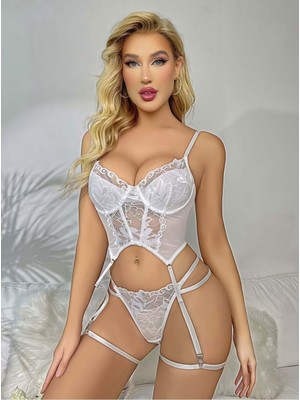 Sialess Lingerie Beyaz Renk 4 Parça Özel Kullanışlı Şık Rahat Gecelik - J-3114