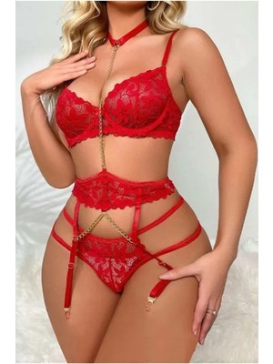 Sialess Lingerie Kadın Kırmızı Boyunluk Detaylı Jartiyer Takım Çeyiz+ Çorap Hediyeli Gecelik - J-3107