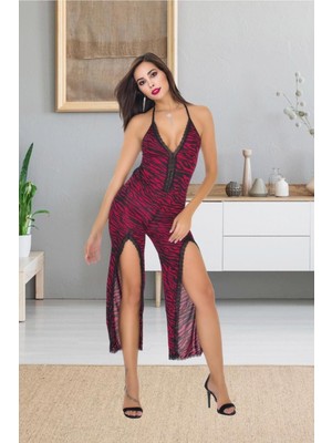 Sialess Lingerie Kadın Zebra Desen Bordo  Dantelli Askılı Tulum Gecelik Pijama Gecelik - G-5029