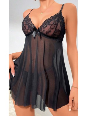 Sialess Lingerie Kadın  Siyah Kurdeleli Askılı Transparan Tül Gecelik Tanga Takımı  Gecelik Takımı - R-2100