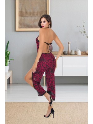 Sialess Lingerie Kadın Zebra Desen Bordo  Dantelli Askılı Tulum Gecelik Pijama Gecelik - G-5029