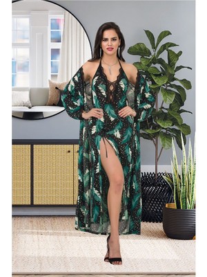 Sialess Lingerie Kadın  Yaprak Desen Askılı Yırtmaçlı  Gecelik ve Sabahlık Takım Uzun Gecelik Elbise - US-6012