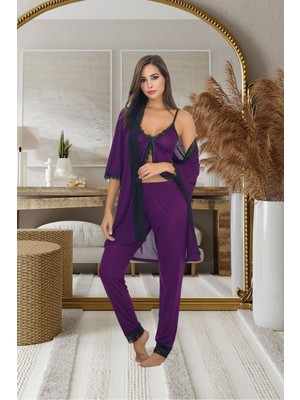 Sialess Lingerie Kadın  Mor Askılı Pijama ve Sabahlık Takımı 3 Parça Alt Üst Gecelik Takım - SB-5012