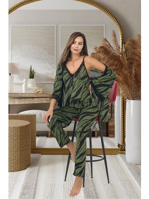 Sialess Lingerie Kadın  Çizgi Desenli Yeşil Askılı Pijama ve Sabahlık Takımı 3 Parça Alt Üst Gecelik Takım - SB-5011