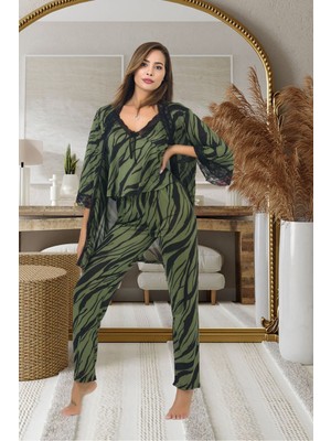 Sialess Lingerie Kadın  Çizgi Desenli Yeşil Askılı Pijama ve Sabahlık Takımı 3 Parça Alt Üst Gecelik Takım - SB-5011