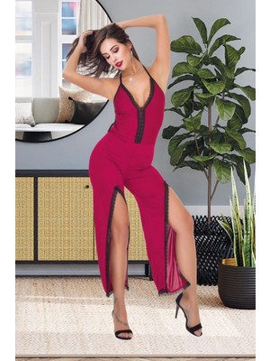 Qvien Secret Kadın Bordo Askılı  Dantel Detaylı Yırtmaçlı Tulum Pijama Gecelik  Gecelik - G-5031