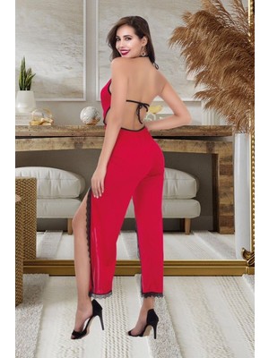 Qvien Secret Kadın Bordo Askılı  Dantel Detaylı Yırtmaçlı Tulum Pijama Gecelik  Gecelik - G-5031