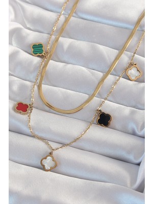 Clariss 316L Çelik Gold Renk Italyan Zincirli Renkli Mineli Çoklu Yonca Kolye