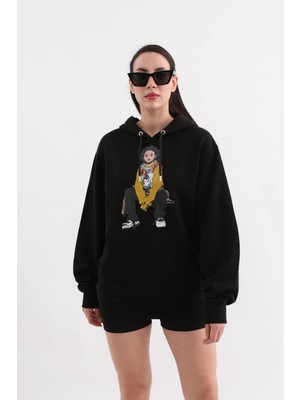 Markapia Woman Siyah Baskılı Kapüşonlu Oversize Sweatshirt M