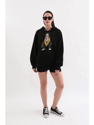 Markapia Woman Siyah Baskılı Kapüşonlu Oversize Sweatshirt M