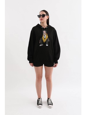 Markapia Woman Siyah Baskılı Kapüşonlu Oversize Sweatshirt M