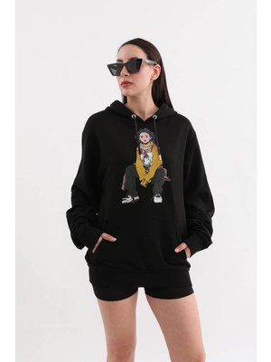 Markapia Woman Siyah Baskılı Kapüşonlu Oversize Sweatshirt M