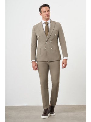 Morven Erkek Açık Kahve Polyamide Trend Kruvaze Slim Fit Sivri Yaka Takım Elbise