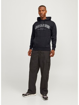 Jack & Jones Siyah Erkek Sweatshırt 12256521_JJECALEB Varsıty Sweat Hoo
