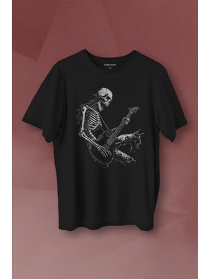 Kendim Seçtim Unisex T-Shirt Skeleton Playing Guitar Heavy Metal Skull Iskelet Gitar Rock Siyah Baskılı T-Shirt