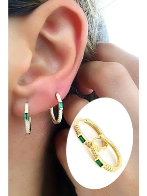 Ose Shop  Yeşil Zirkon Taşlı 925AYAR Gümüş Üzerine Altın Kaplama Oval Küpe