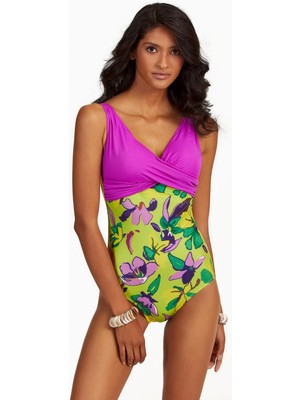 Pileli Store Pilelistore  Büyük Beden Yeşil Çiçek Desenli Drapeli Mayo