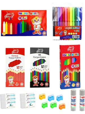 Gen-Of Okula Başlangıç Seti (Kuru Boya-Pastel Boya-Keçeli Kalem-Kurşun Kalem(12)-Kopya Kalemi(12))