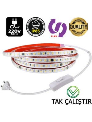 Elektroled Market 220V Şerit LED 120 Ledli Yüksek Işık Fişli Anahtarlı Tak Çalıştır Dış Mekan Yapışkanlı