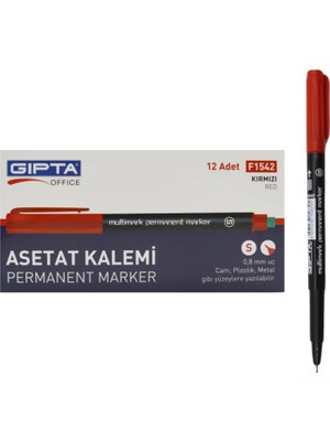 Gıpta Permanent Asetat Kalemi Silgili S Uç 12 Adet Kırmızı F1542