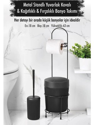 Molvea Metal Standlı Yuvarlak Kovalı & Kağıtlıklı & Fırçalıklı Siyah Banyo Takımı