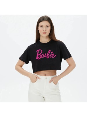 Ömba Spor Siyah Barbi Baskılı Kısa Kol Crop T-Shirt