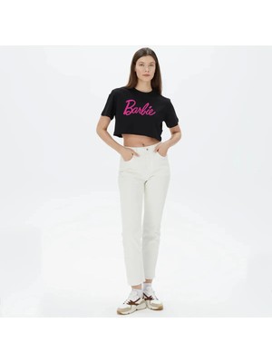 Ömba Spor Siyah Barbi Baskılı Kısa Kol Crop T-Shirt