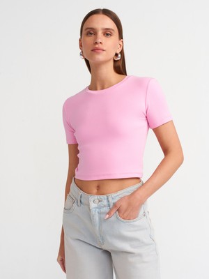 Ömba Spor Pembe Kısa Kol Pamuklu Crop T-Shirt