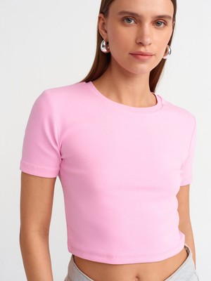 Ömba Spor Pembe Kısa Kol Pamuklu Crop T-Shirt