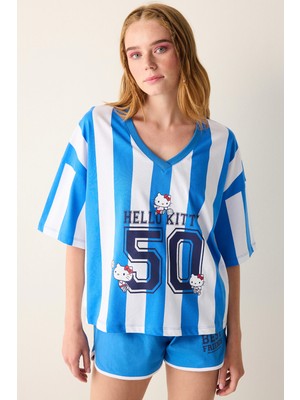 Pamuklu Sanrio Striped Beyaz Tişört Pijama Üstü