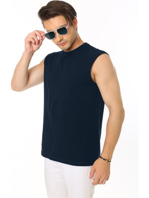 CHEISU Erkek Lacivert Bisiklet Yaka Tank Sıfır Kol Atlet %100 Pamuk T-shirt