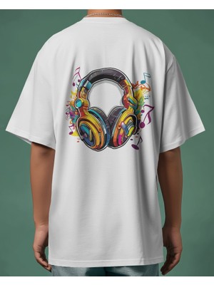 Parspera Shop Beyaz Oversize T-Shirt Unisex Cool Headphone