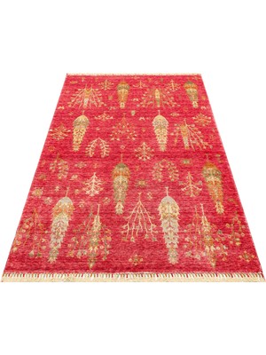 Carpetdocia Oushak Carnaval %100 Naturel Kolay Temizlenir El Emeğiyle Üretilen Tensel Modern Uşak Halısı 08 Red