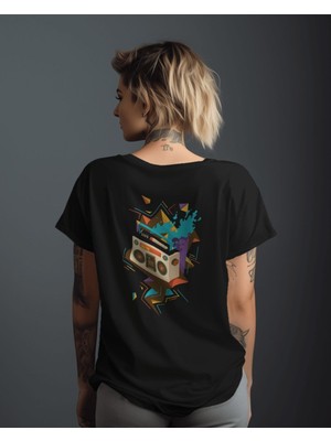 Parspera Shop Siyah Oversize T-Shirt Unisex Baskılı Radio