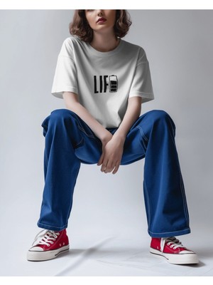 Parspera Shop Beyaz Oversize T-Shirt Unisex Baskılı Life