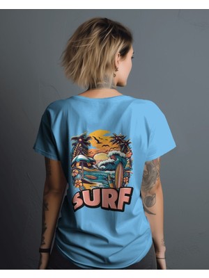 Parspera Shop Mavi Oversize T-Shirt Unisex Baskılı Surf