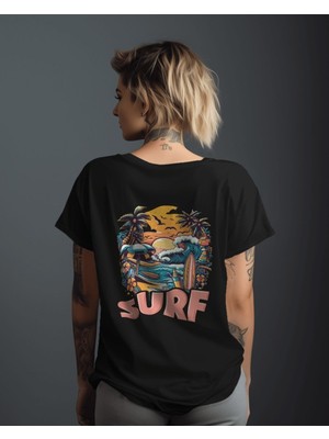 Parspera Shop Siyah Oversize T-Shirt Unisex Baskılı Surf