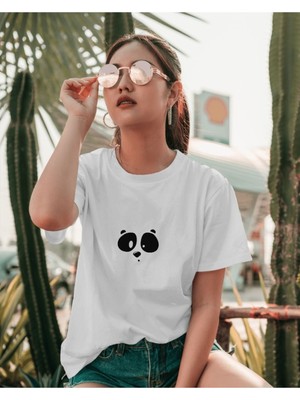 Parspera Shop Beyaz Oversize T-Shirt Unisex Baskılı Pandaface